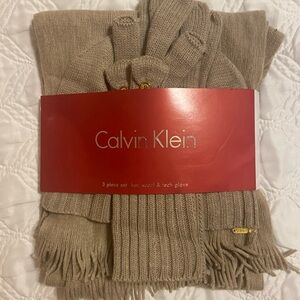 Calvin Klein Tan Hat, Scarf, and Glove Set